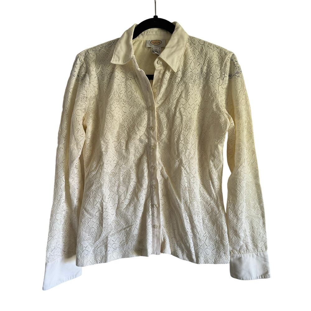 Vintage Talbots Women's White Lace Collared Button Up Shirt Size Small